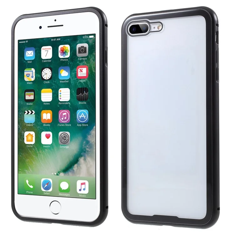 Black - Magnetic Attraction Metal Frame Tempered Glass Back Hard Shell for iPhone 8 Plus / 7 Plus 5.5 inch