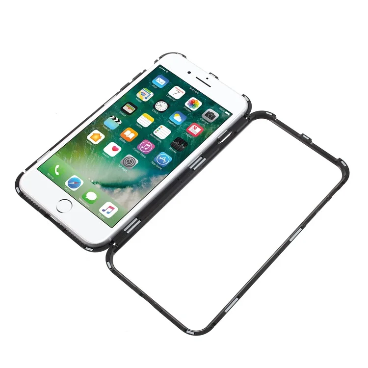 Black - Magnetic Attraction Metal Frame Tempered Glass Back Hard Shell for iPhone 8 Plus / 7 Plus 5.5 inch