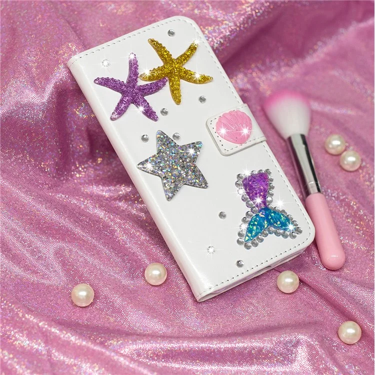 Sea Stars - Rhinestone Decor Wallet Stand Leather Protection Mobile Phone Cover Shell for iPhone X