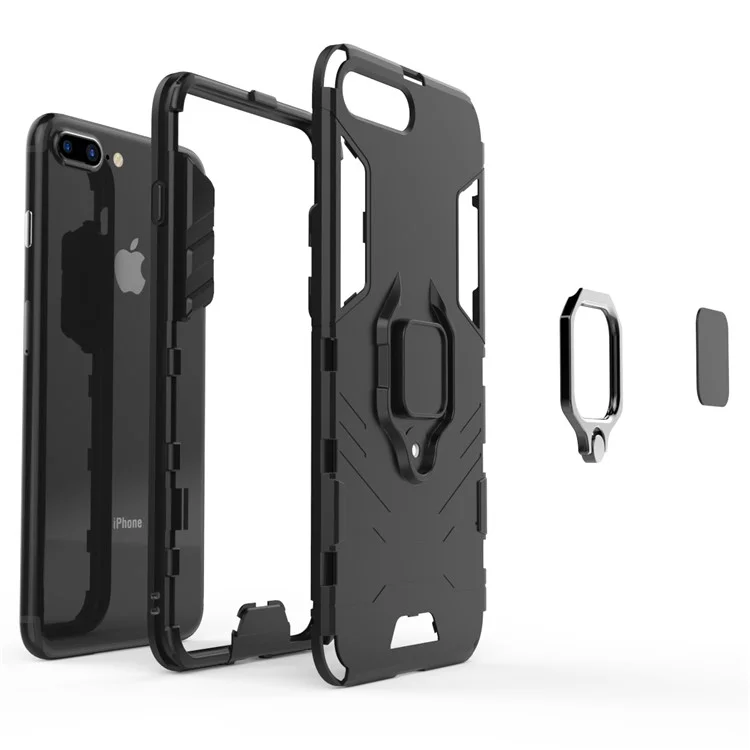 TPU + PC Hybrid Case with Finger Ring Kickstand for iPhone 8 Plus / 7 Plus 5.5 inch - Black