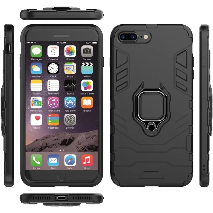 TPU + PC Hybrid Case with Finger Ring Kickstand for iPhone 8 Plus / 7 Plus 5.5 inch - Black