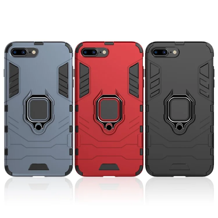 TPU + PC Hybrid Case with Finger Ring Kickstand for iPhone 8 Plus / 7 Plus 5.5 inch - Black