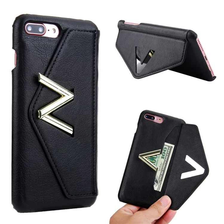 NV Rotary PU Leather Coated PC Phone Casing for iPhone 8 Plus with Kickstand and Card Holder - Black