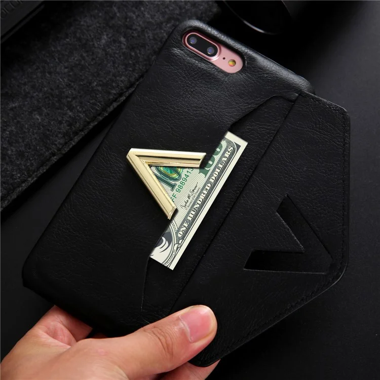 NV Rotary PU Leather Coated PC Phone Casing for iPhone 8 Plus with Kickstand and Card Holder - Black