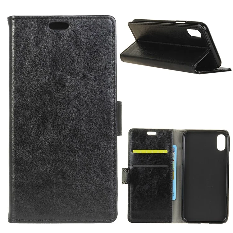 Crazy Horse Wallet Leather Flip Stand Cell Phone Case for iPhone 9 Plus - Black