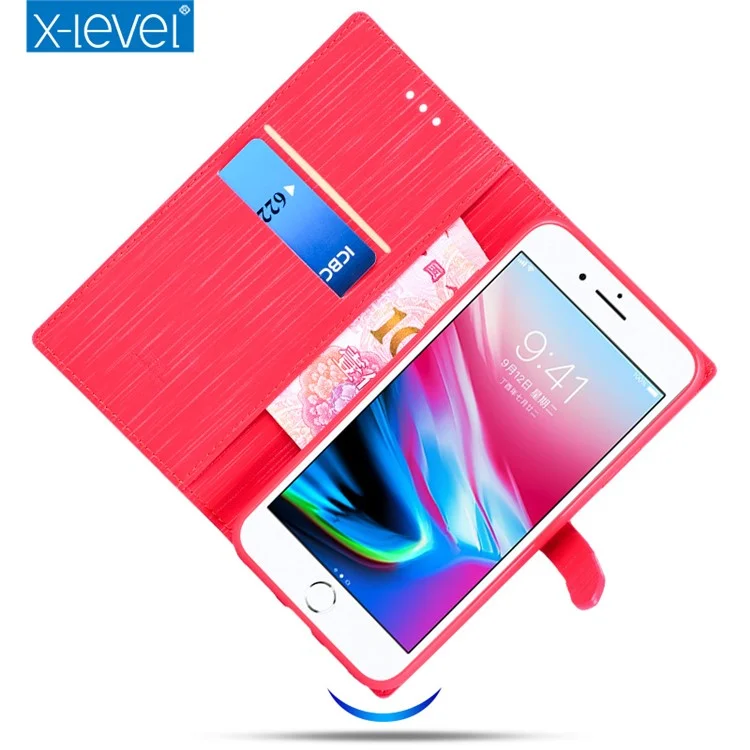 X-LEVEL Vertical Stripes Wallet Stand Leather Phone Case for iPhone 8 / 7 - Red