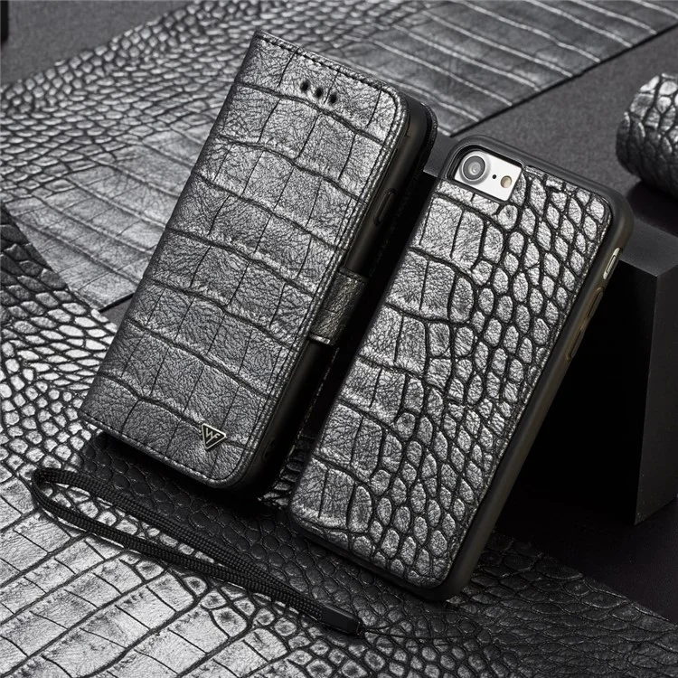 WHATIF Detachable 2-in-1 Crocodile Texture Leather Wallet Case for iPhone 8 / 7 4.7 inch - Black