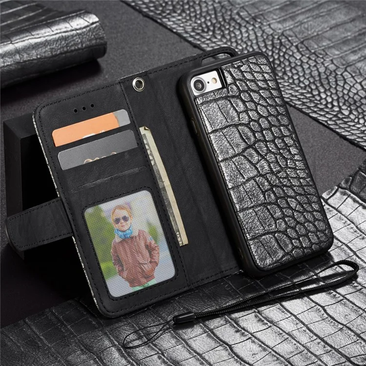 WHATIF Detachable 2-in-1 Crocodile Texture Leather Wallet Case for iPhone 8 / 7 4.7 inch - Black
