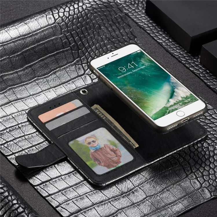 WHATIF Detachable 2-in-1 Crocodile Texture Leather Wallet Case for iPhone 8 / 7 4.7 inch - Black