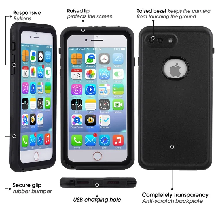 Dustproof Snowproof 6M Waterproof Dual Purpose Case for iPhone 8 Plus/7 Plus 5.5 inch - All Black