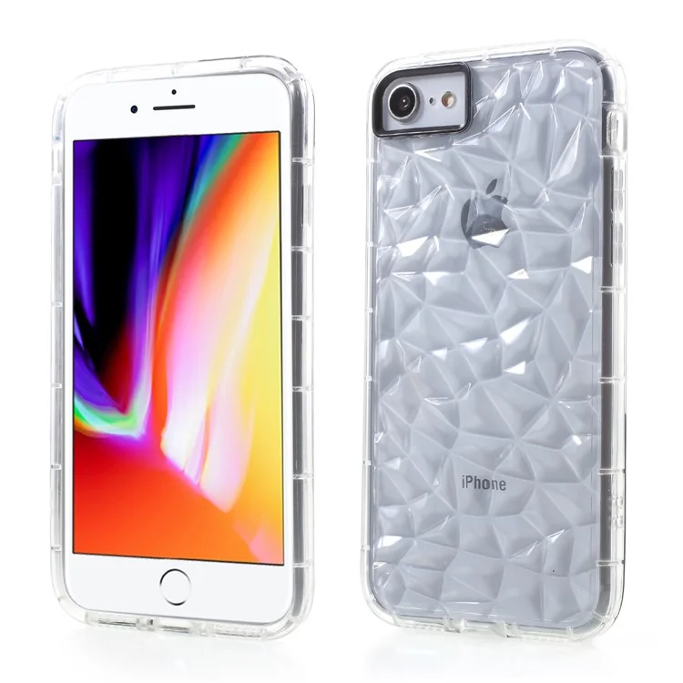 For iPhone 8/7 3D Diamond Texture Inner TPU Phone Case with Camera Lens Frame - Transparent