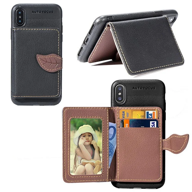 PU Leather Coated Wallet TPU Phone Case with Kickstand for iPhone X - Red
