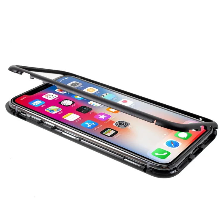 CAFELE for iPhone X 2-piece Magnetic Metal Frame Tempered Glass Back Hard Back Case - Black