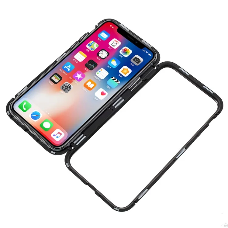 CAFELE for iPhone X 2-piece Magnetic Metal Frame Tempered Glass Back Hard Back Case - Black