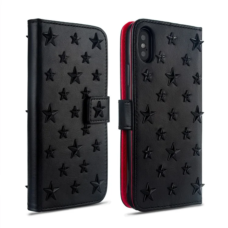 3D Metal Stars Decoration PU Leather Wallet Case for iPhone X - Black
