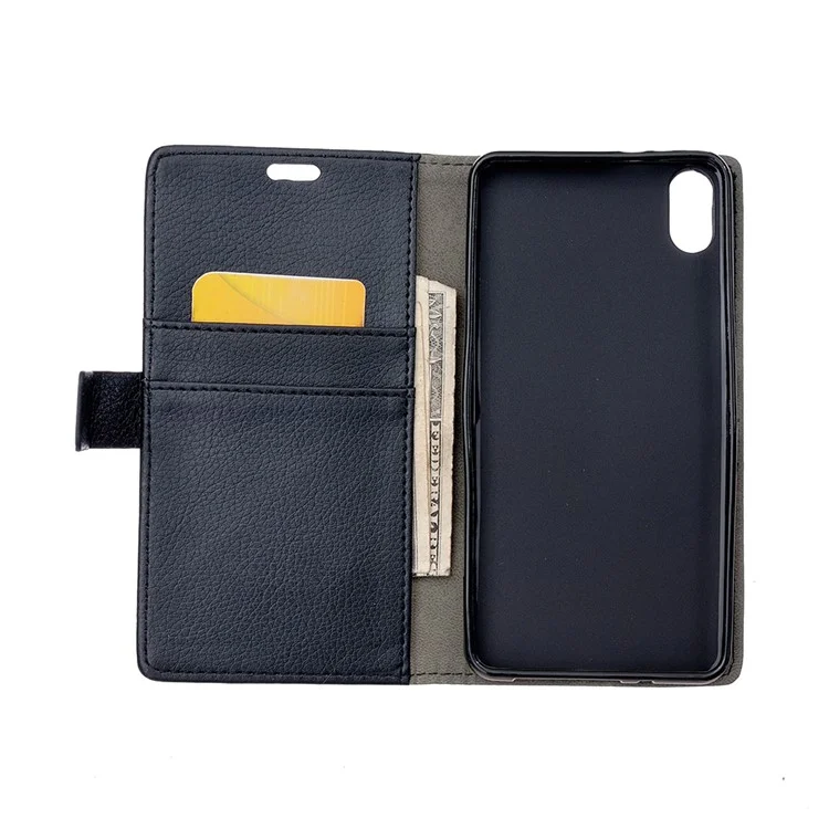 Litchi Skin Wallet Leather Stand Cover for iPhone 9 - Black