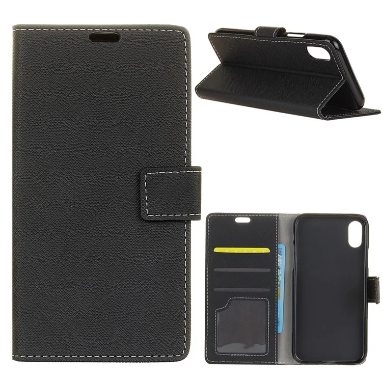 Cross Texture Wallet Stand Leather Shell for iPhone 9 Plus - Black