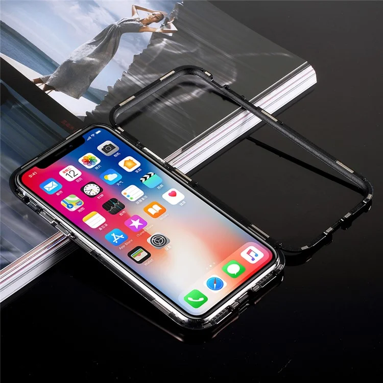 Shell Texture Detachable Magnetic Hard Case + Tempered Glass Protector Film for iPhone X - Black