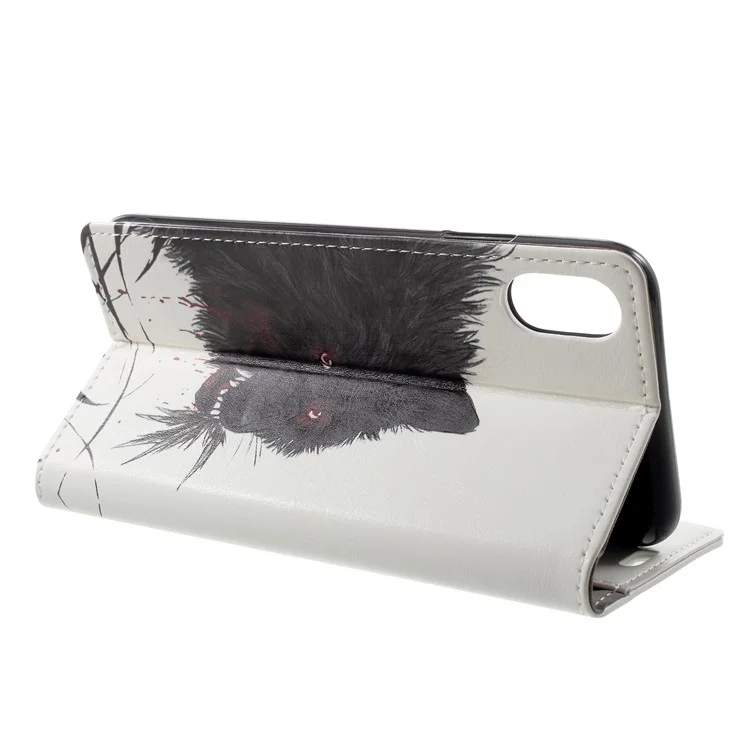 Pattern Printing Stand Leather Wallet Case for iPhone 9 - Black Wolf