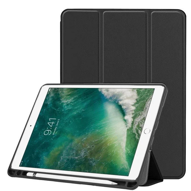 Caso Esbelto no Ipad Air 10.5 (2019) / Pro 10.5 (2017) PU Protetor de Suporte de Tampa de Tampo de Couro Com Caneta Com Caneta Com Caneta - Preto