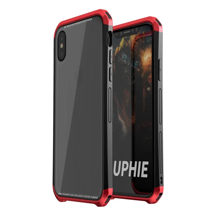 LUPHIE for iPhone X Double Dragon Tempered Glass Back + PC Metal Bumper Hybrid Case - Red