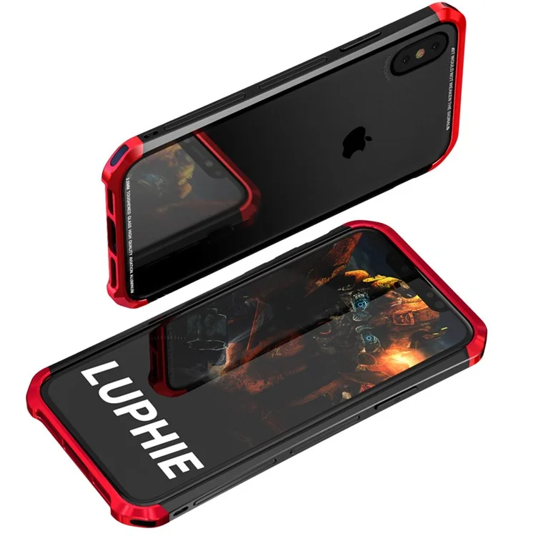 LUPHIE for iPhone X Double Dragon Tempered Glass Back + PC Metal Bumper Hybrid Case - Red
