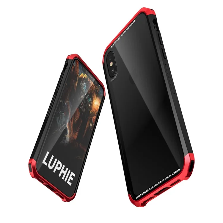 LUPHIE for iPhone X Double Dragon Tempered Glass Back + PC Metal Bumper Hybrid Case - Red