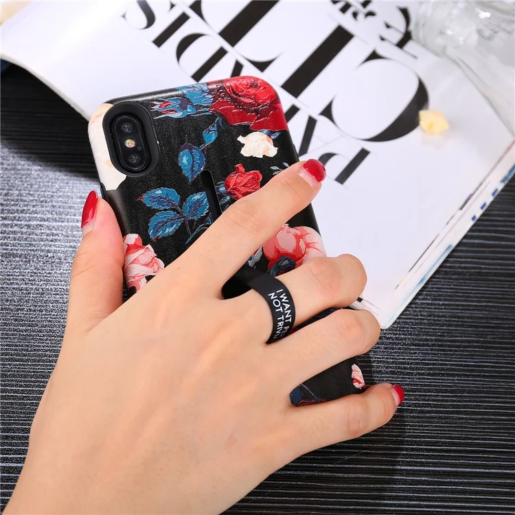 Embossed Flower Pattern TPU + PC Kickstand Cover with Finger Grip for iPhone X - Charming Flower