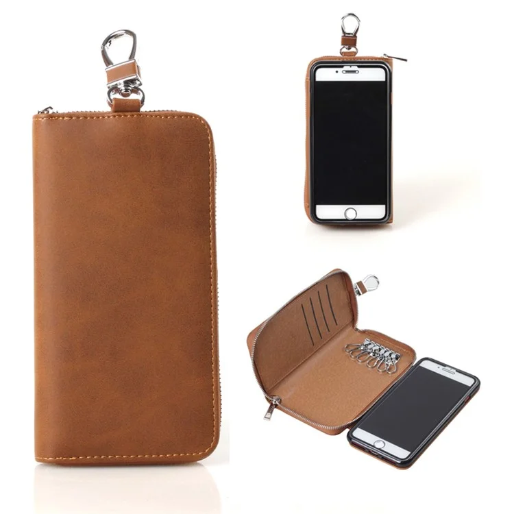 Crazy Horse PU Leather Zippered Wallet Cover for iPhone 8 Plus / 7 Plus with Keychain Key Holder - Brown