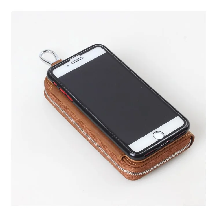 Crazy Horse PU Leather Zippered Wallet Cover for iPhone 8 Plus / 7 Plus with Keychain Key Holder - Brown