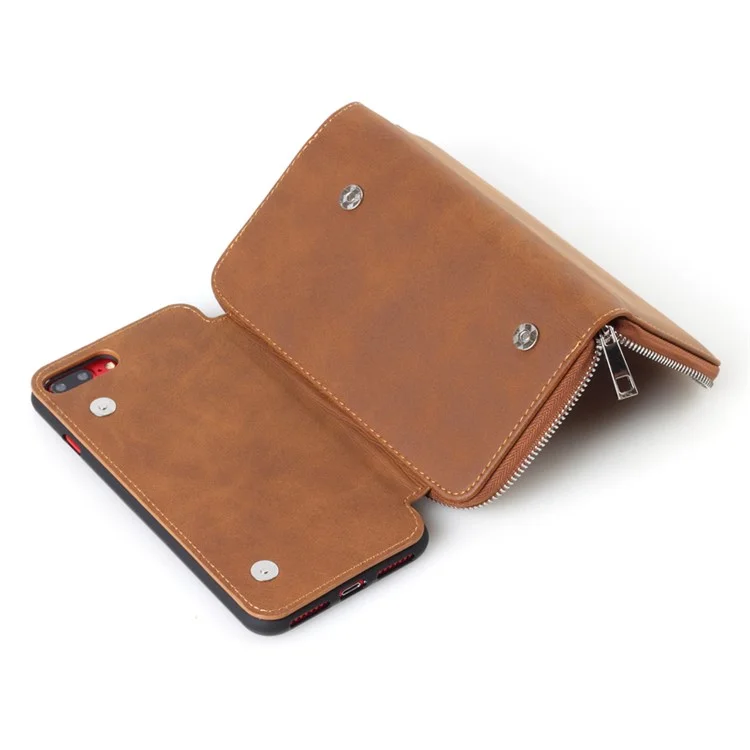 Crazy Horse PU Leather Zippered Wallet Cover for iPhone 8 Plus / 7 Plus with Keychain Key Holder - Brown