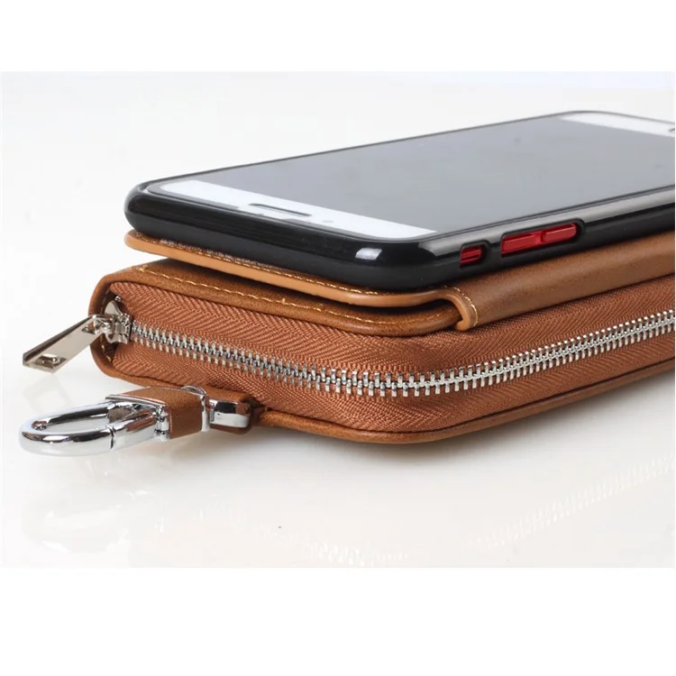 Crazy Horse PU Leather Zippered Wallet Cover for iPhone 8 Plus / 7 Plus with Keychain Key Holder - Brown