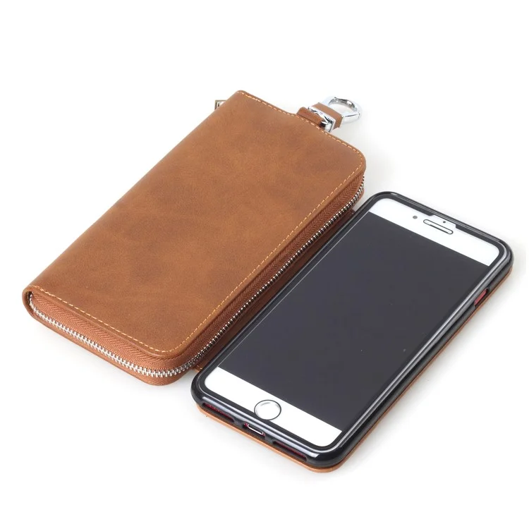 Crazy Horse PU Leather Zippered Wallet Cover for iPhone 8 Plus / 7 Plus with Keychain Key Holder - Brown