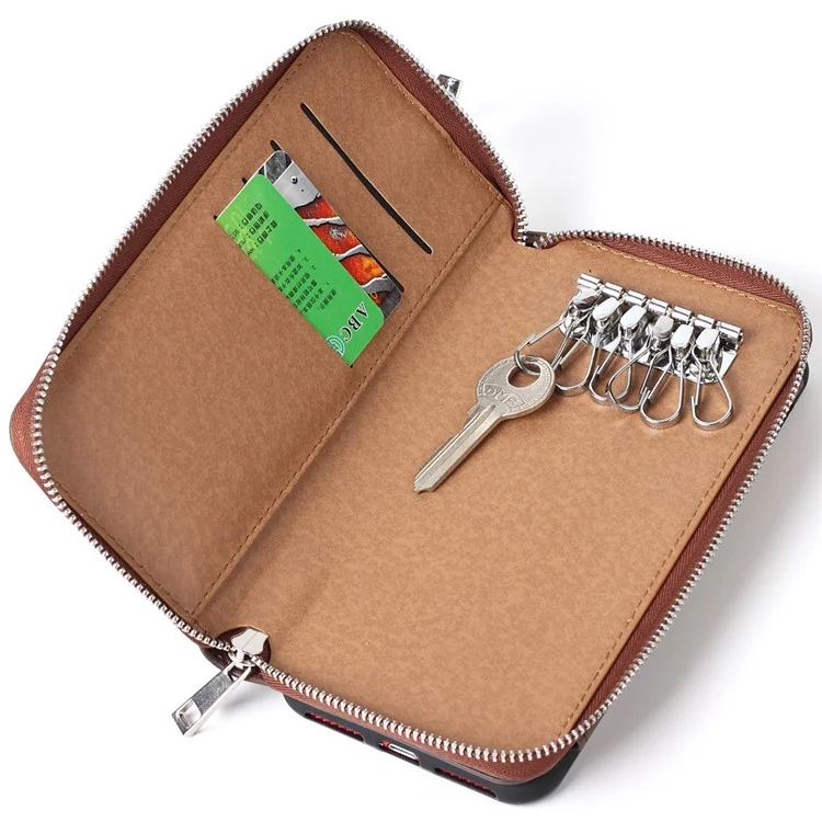 Crazy Horse PU Leather Zippered Wallet Cover for iPhone 8 Plus / 7 Plus with Keychain Key Holder - Brown