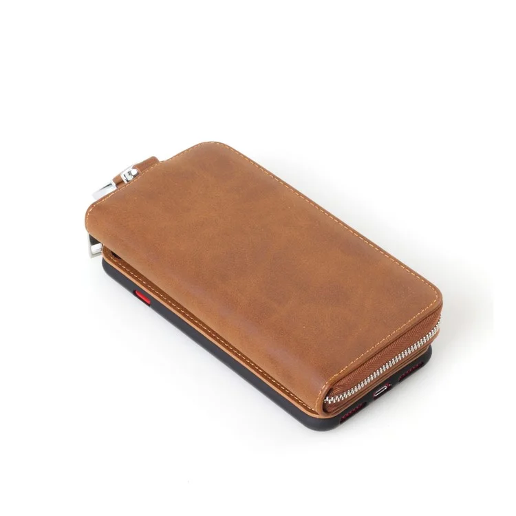 Crazy Horse PU Leather Zippered Wallet Cover for iPhone 8 Plus / 7 Plus with Keychain Key Holder - Brown