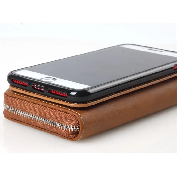 Crazy Horse PU Leather Zippered Wallet Cover for iPhone 8 Plus / 7 Plus with Keychain Key Holder - Brown
