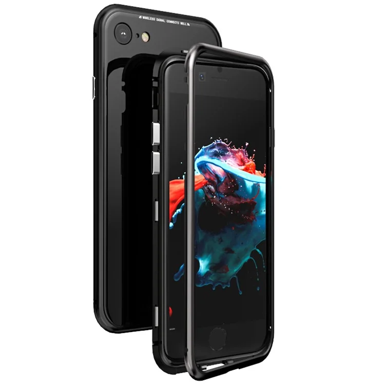 LUPHIE Detachable Magnetic Metal Frame + Tempered Glass Back Cell Phone Case for iPhone 8 / 7 4.7 inch - All Black