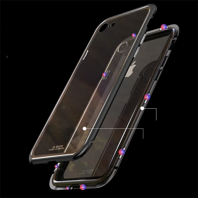 LUPHIE Detachable Magnetic Metal Frame + Tempered Glass Back Cell Phone Case for iPhone 8 / 7 4.7 inch - All Black