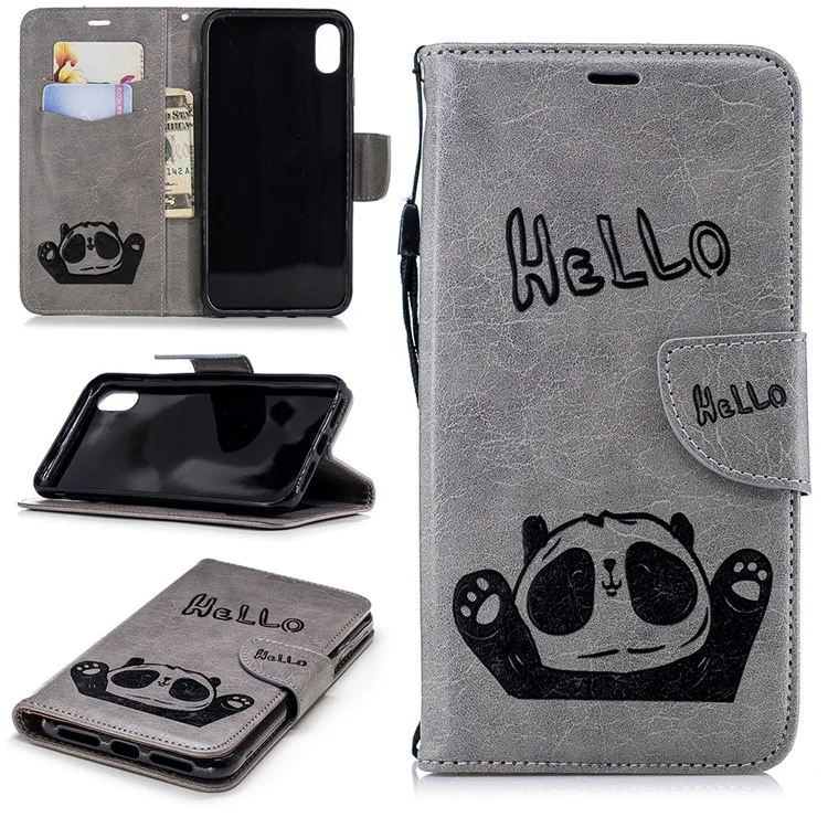 Imprinted Hello Panda Wallet Leather Stand Phone Case for iPhone 9 Plus - Grey