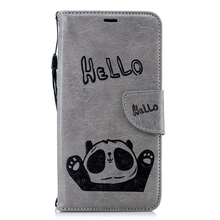 Imprinted Hello Panda Wallet Leather Stand Phone Case for iPhone 9 Plus - Grey