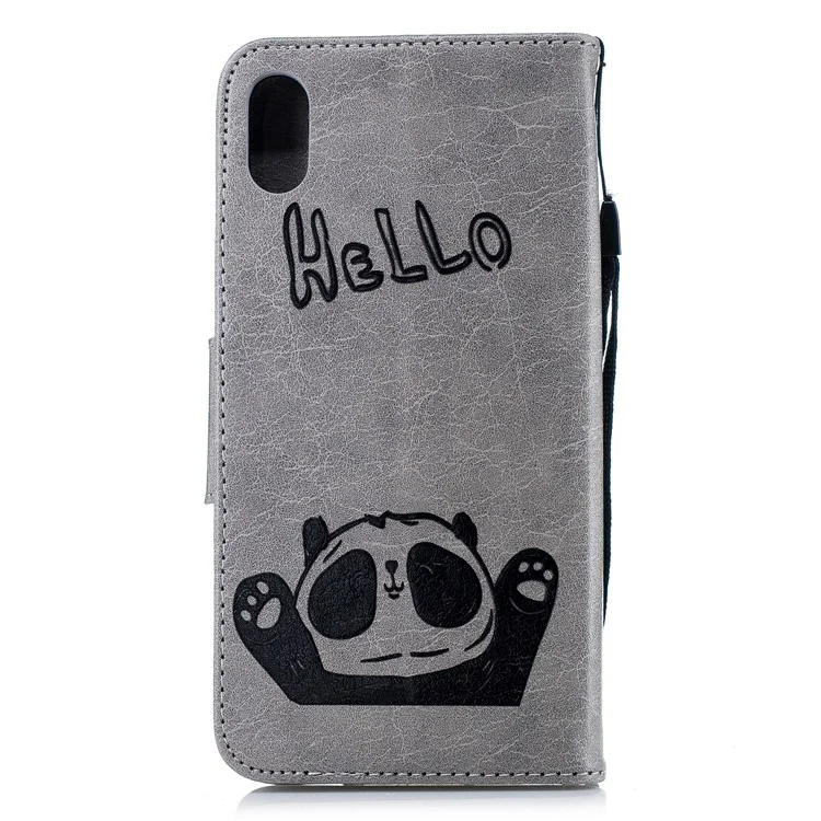 Imprinted Hello Panda Wallet Leather Stand Phone Case for iPhone 9 Plus - Grey