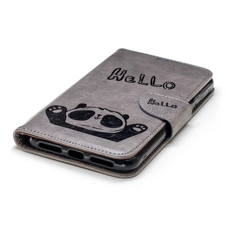 Imprinted Hello Panda Wallet Leather Stand Phone Case for iPhone 9 Plus - Grey