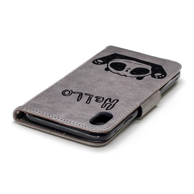 Imprinted Hello Panda Wallet Leather Stand Phone Case for iPhone 9 Plus - Grey