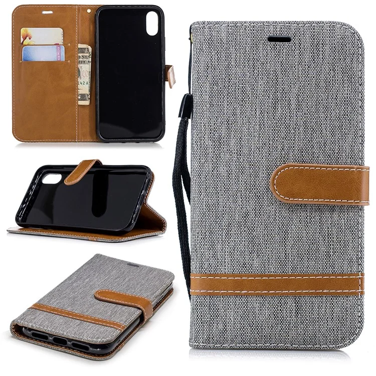 Pour Iphone XR 6,1 Pouces de Couleur Assortie Jeans Portefeuille en Tissu Couvercle de Téléphone en Cuir - Gris