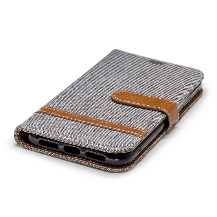 Pour Iphone XR 6,1 Pouces de Couleur Assortie Jeans Portefeuille en Tissu Couvercle de Téléphone en Cuir - Gris