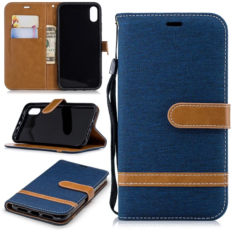 For iPhone XR 6.1 inch Assorted Color Jeans Cloth Wallet Stand Leather Case Protector - Dark Blue