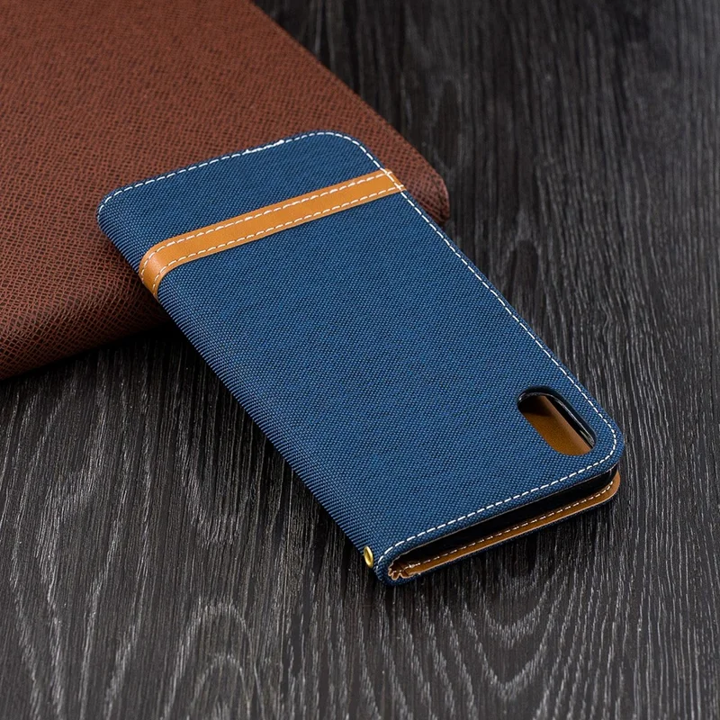 For iPhone XR 6.1 inch Assorted Color Jeans Cloth Wallet Stand Leather Case Protector - Dark Blue
