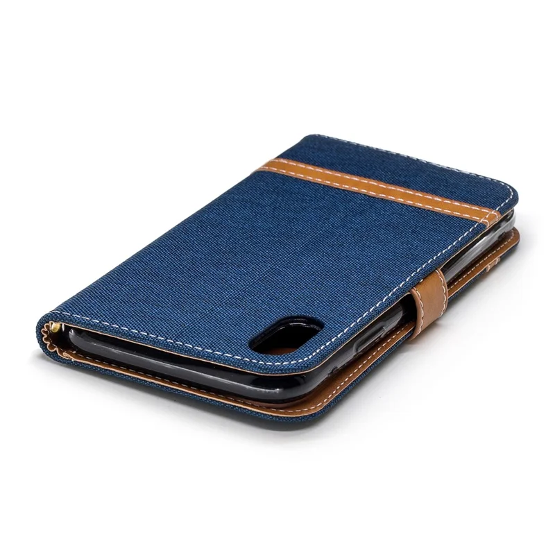 For iPhone XR 6.1 inch Assorted Color Jeans Cloth Wallet Stand Leather Case Protector - Dark Blue