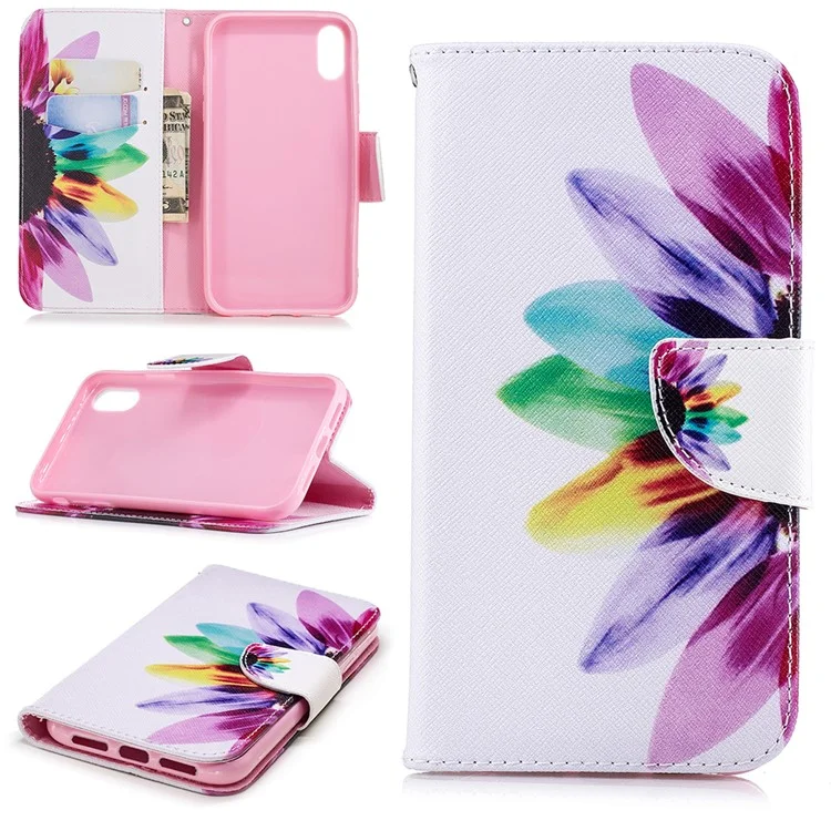 For iPhone XR 6.1 inch Pattern Printing PU Leather Folio Flip Phone Shell - Petals Pattern