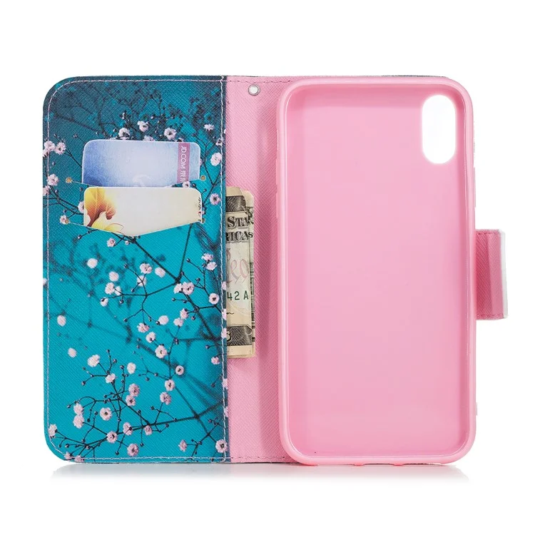 Pour iPhone XR 6.1 pouces Impression de motifs Folio Flip Étui en cuir PU magnétique Porte-monnaie - Arbre avec fleurs
